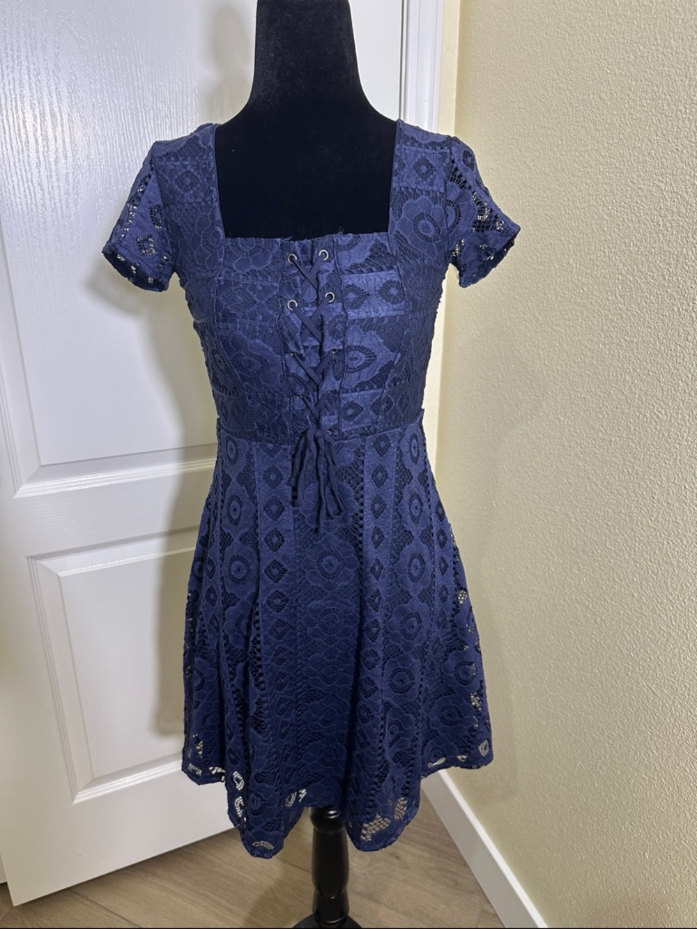 Aeropostale Navy Blue Lace Mini Dress with Front Lace-Up. Size XS